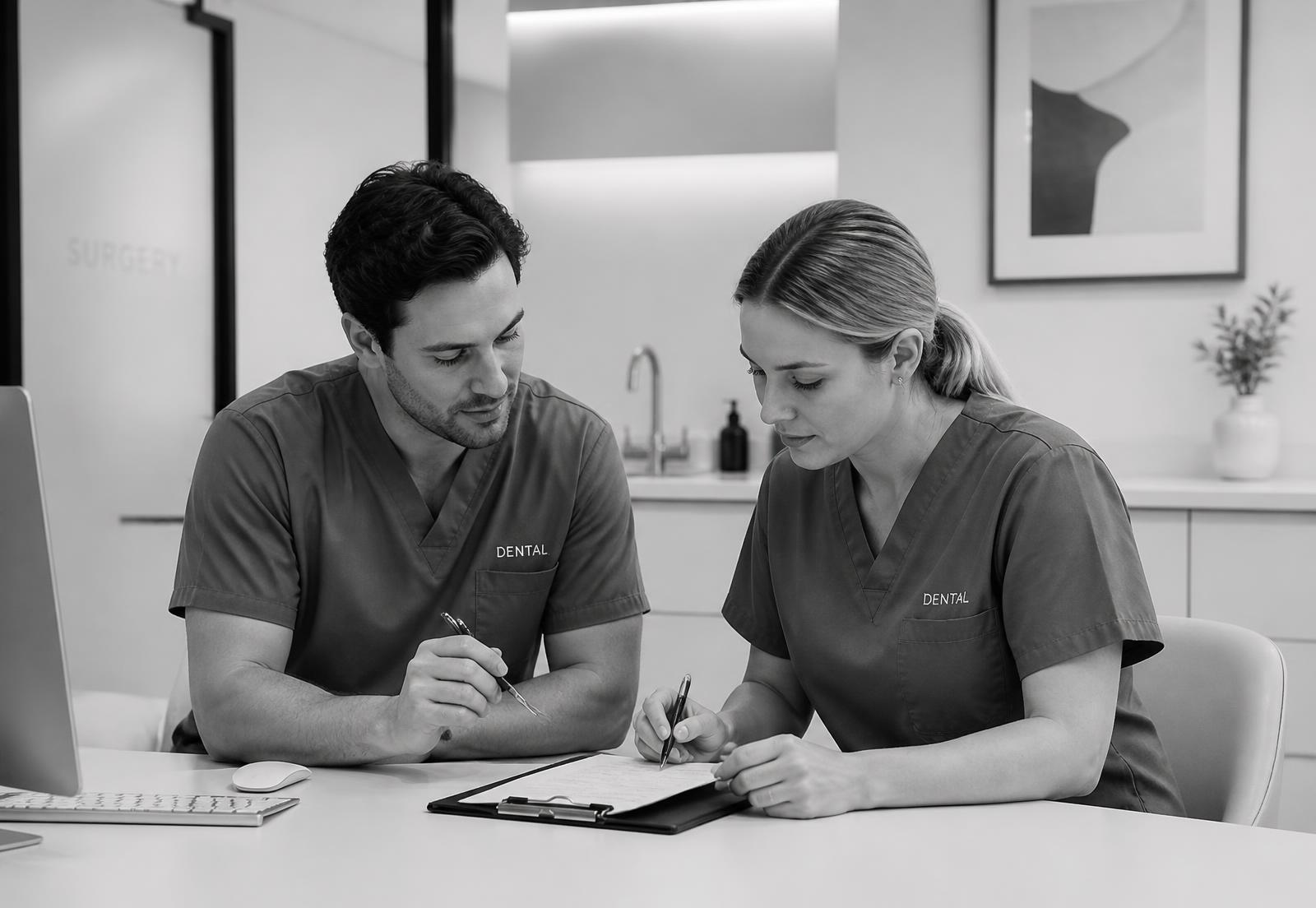 Two dental professionals reviewing a patient treatment plan
